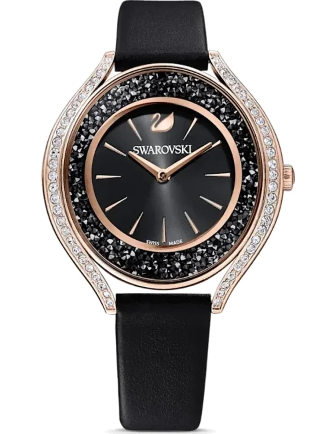Montre Femme Swarovski 5558634 Crystalline Aura, Boîtier Acier Or Rose & Bracelet Cuir Noir