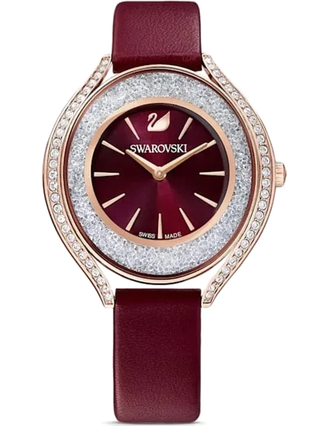 Montre Femme Swarovski 5558637, Boîtier Or Rose Acier et Bracelet Cuir Bordeaux