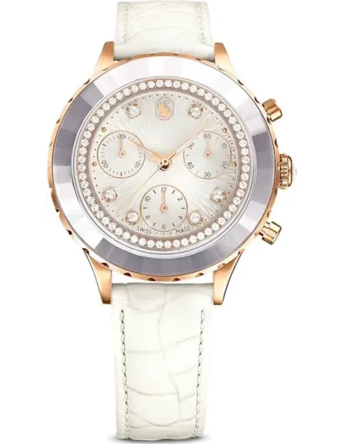 Montre Femme Swarovski 5671150 Octea Chrono - Cadran Blanc, Boîtier Or Rose, Bracelet Cuir Blanc