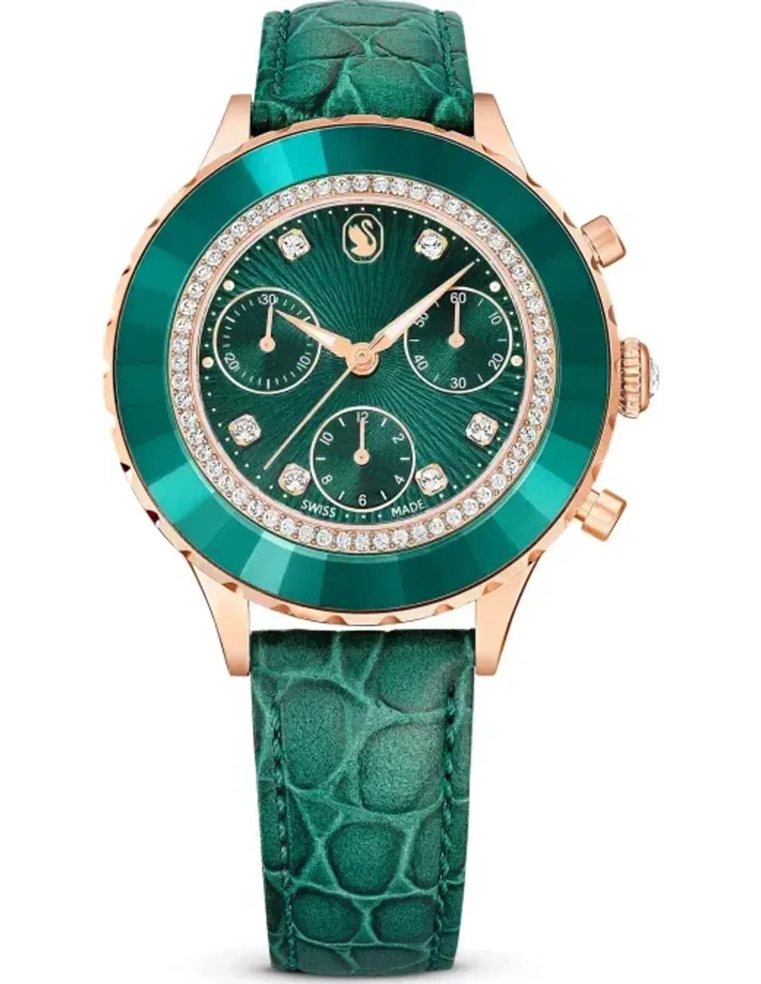Montre Femme Swarovski Octea Lux Chrono 5672931 - Cadran Vert, Boîtier Or Rose, Bracelet Cuir Vert