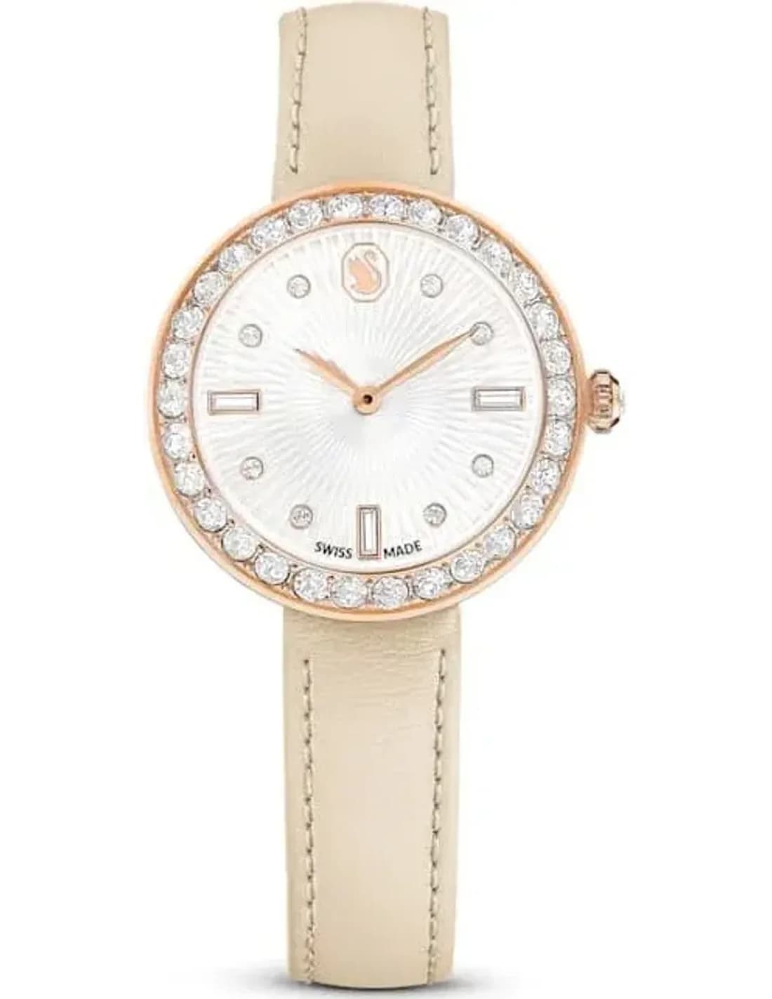Montre Femme Swarovski Certa 5672968 - Boîtier Or Rose, Cadran Blanc Guilloché, Bracelet Cuir Beige