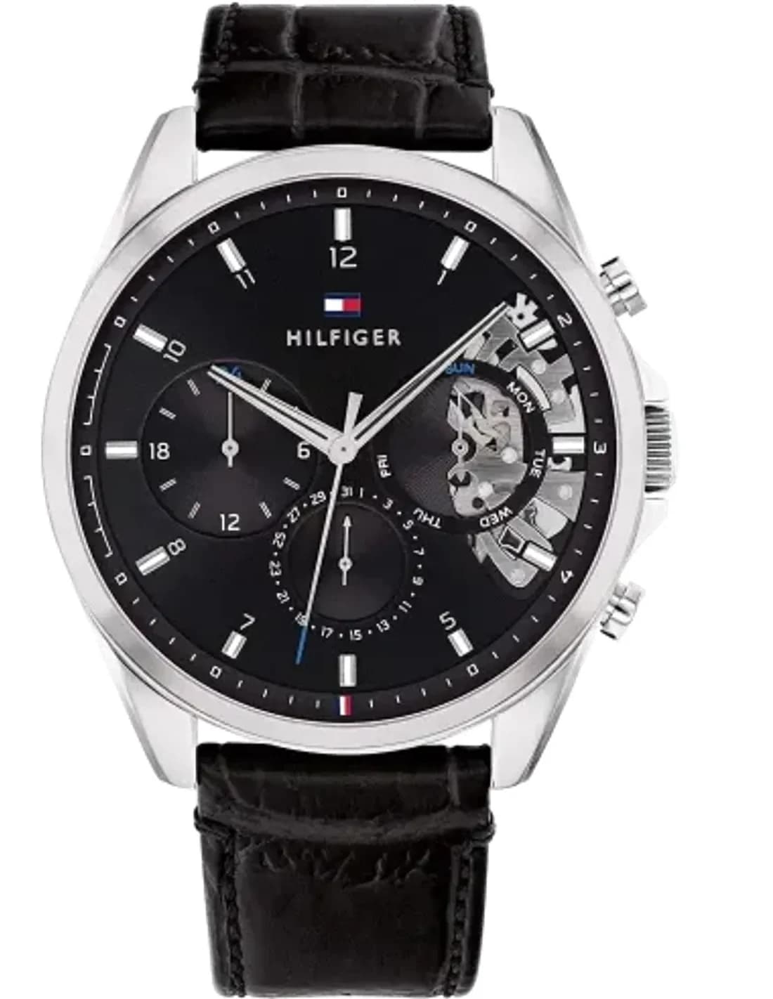 Montre Homme Tommy Hilfiger 1710449 Squelette Acier Doré Cadran Noir Bracelet Cuir
