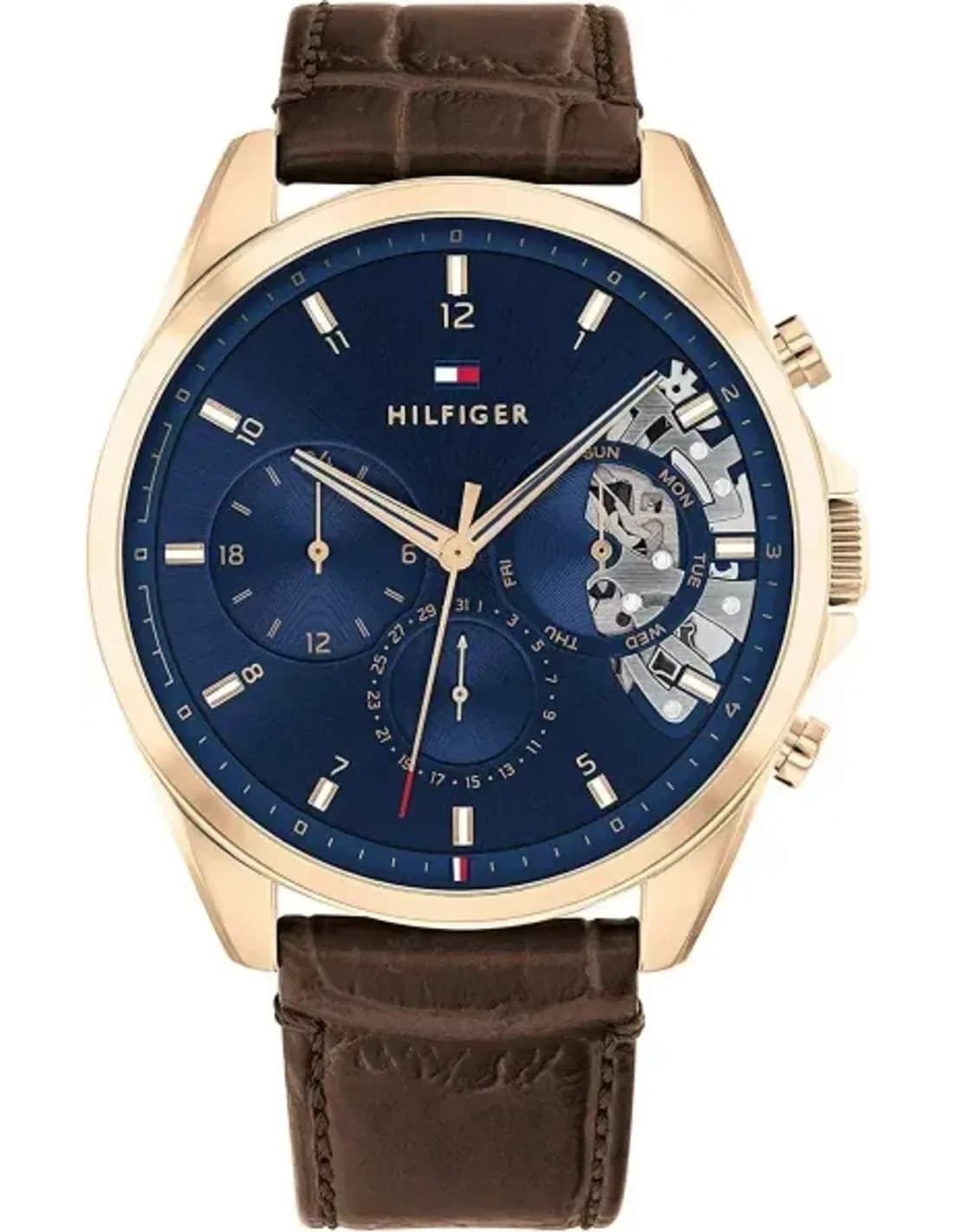 Montre Homme Tommy Hilfiger 1710453 Squelette Cadran Bleu Boîtier Or Rose Bracelet Cuir Marron