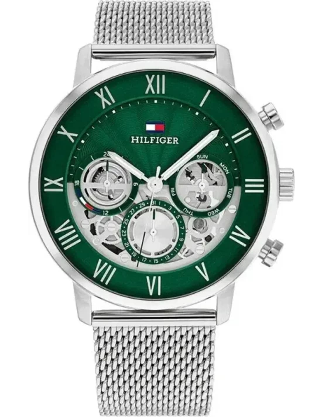 Montre Homme Tommy Hilfiger 1710567, Cadran Vert Squelette, Bracelet Acier Argenté