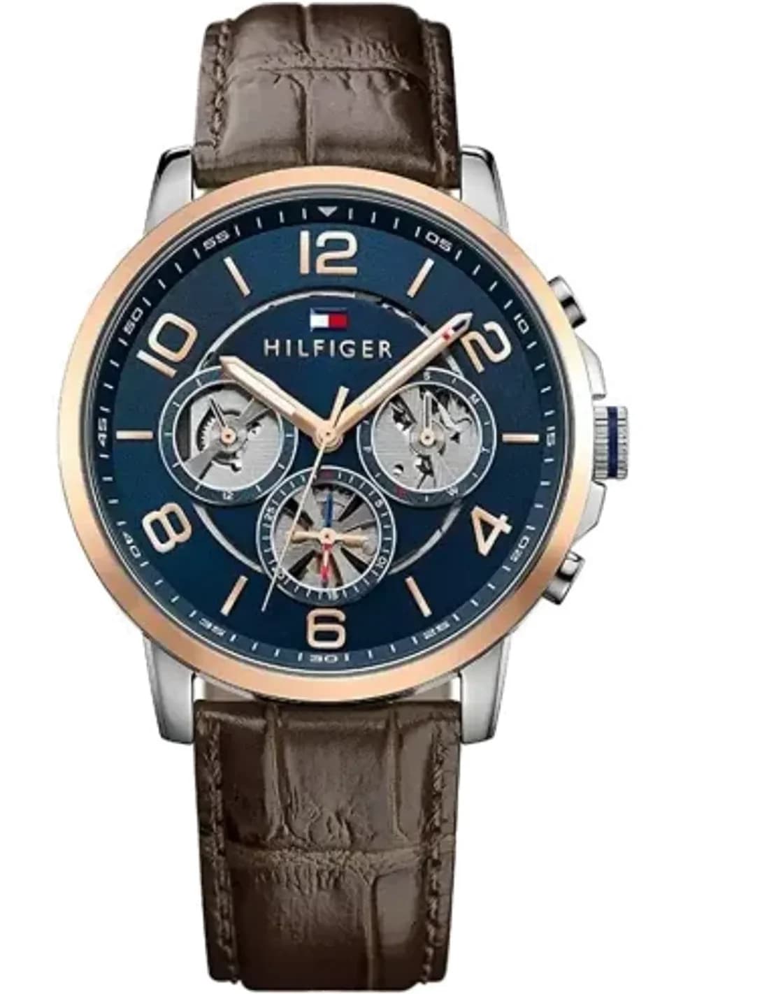 Montre Homme Tommy Hilfiger 1791290 - Boîtier Acier, Cadran Bleu Squelette, Bracelet Cuir Brun