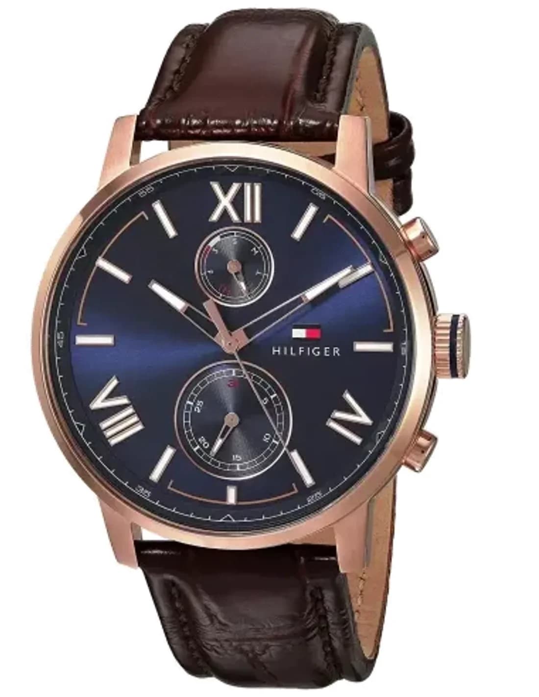 Montre Homme Tommy Hilfiger Alden 1791308 - Cadran Bleu, Boîtier Or Rose, Bracelet Cuir Marron