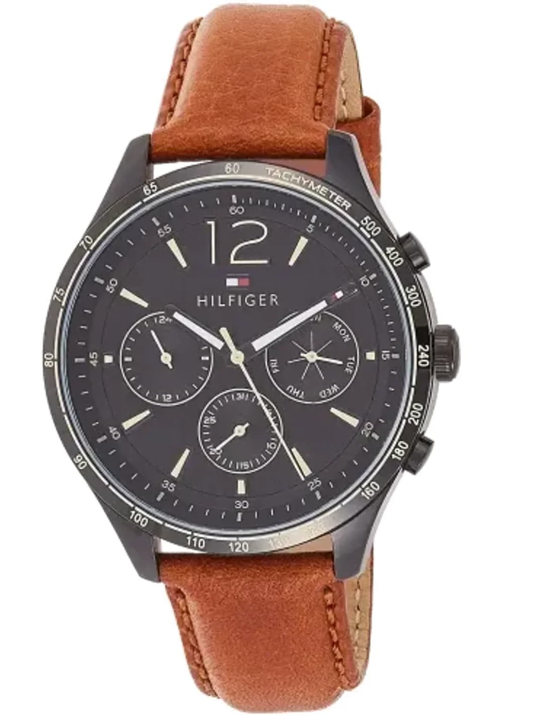 Montre Homme Tommy Hilfiger 1791470 - Cadran Bleu Soleillé, Boîtier Noir Acier, Bracelet Cuir Brun