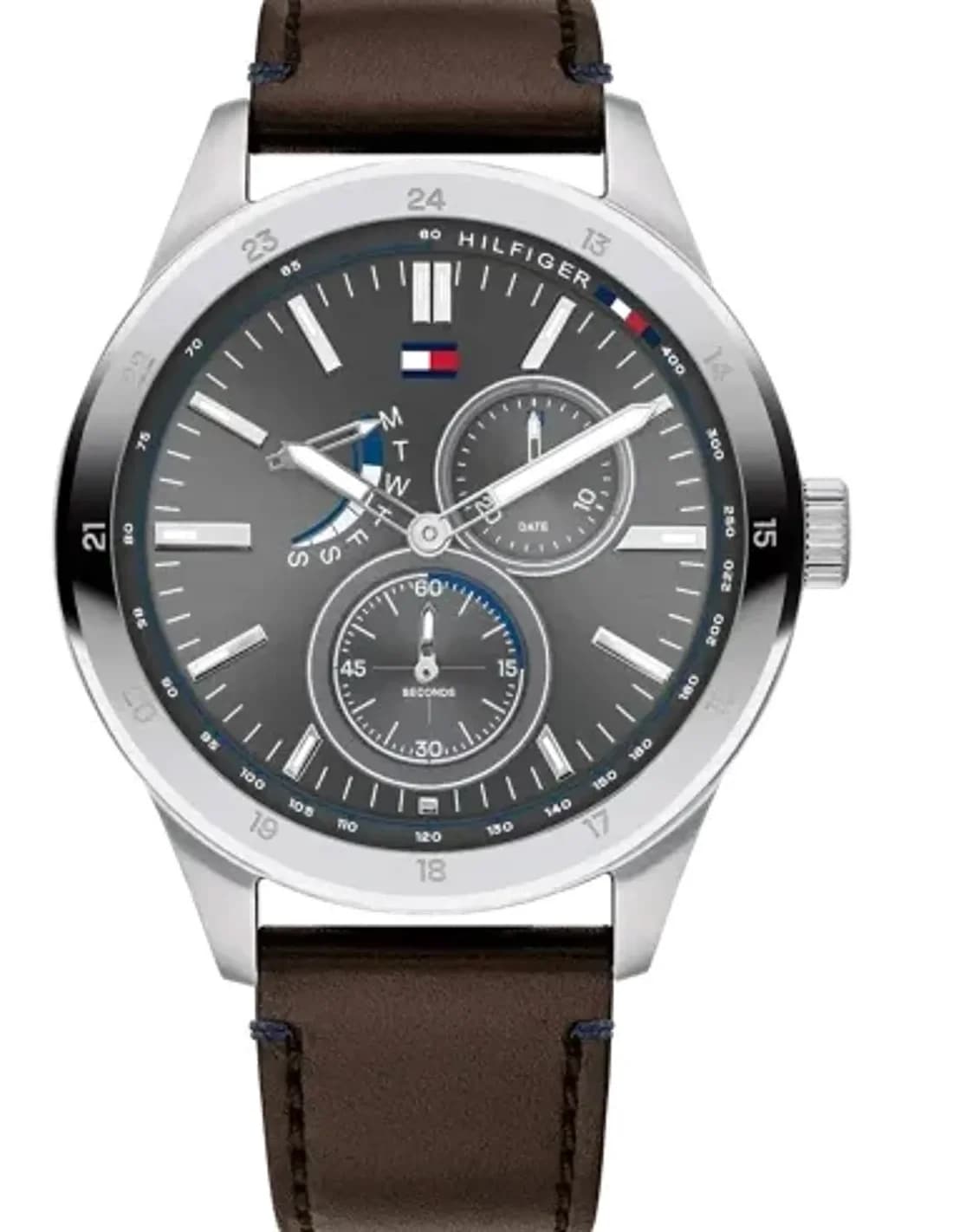 Montre Homme Tommy Hilfiger Réf. 1791637 - Cadran Bleu, Boîtier Acier, Bracelet Cuir Marron