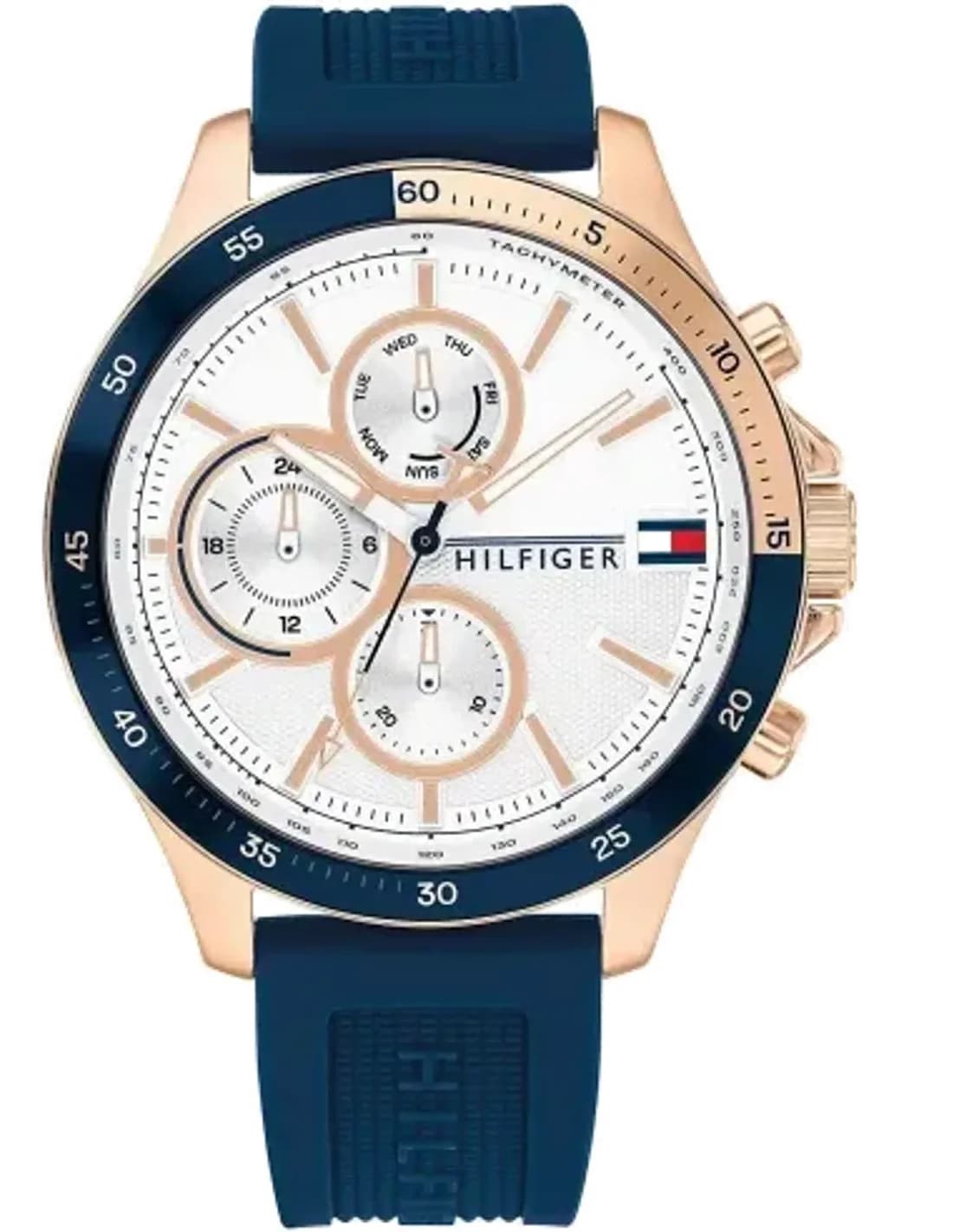 Montre Homme Tommy Hilfiger 1791778 Bank - Cadran Argent, Boîtier Or Rose, Bracelet Silicone Bleu