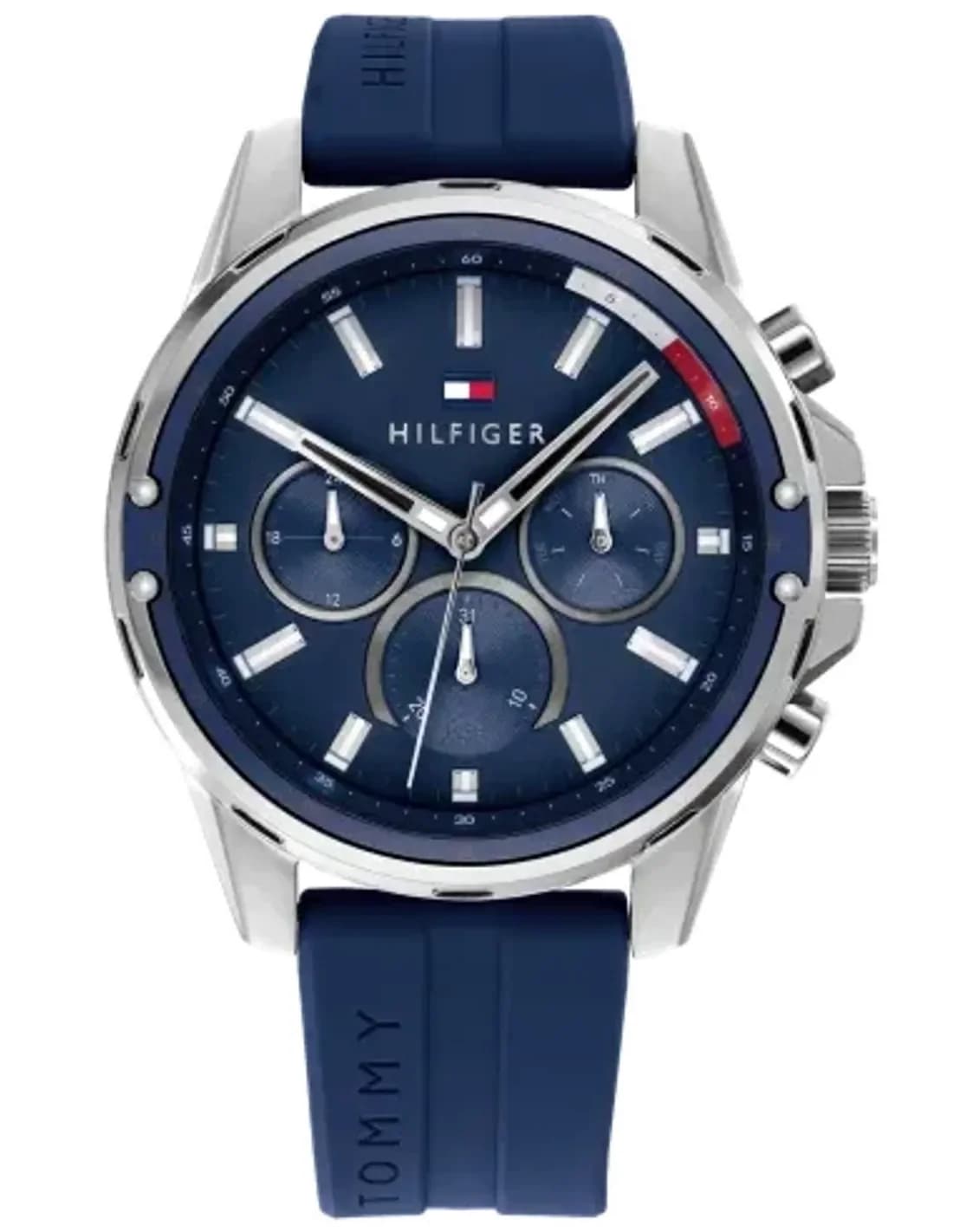 Montre Homme Tommy Hilfiger 1791791 - Boîtier 45 mm argenté, cadran et bracelet silicone bleu