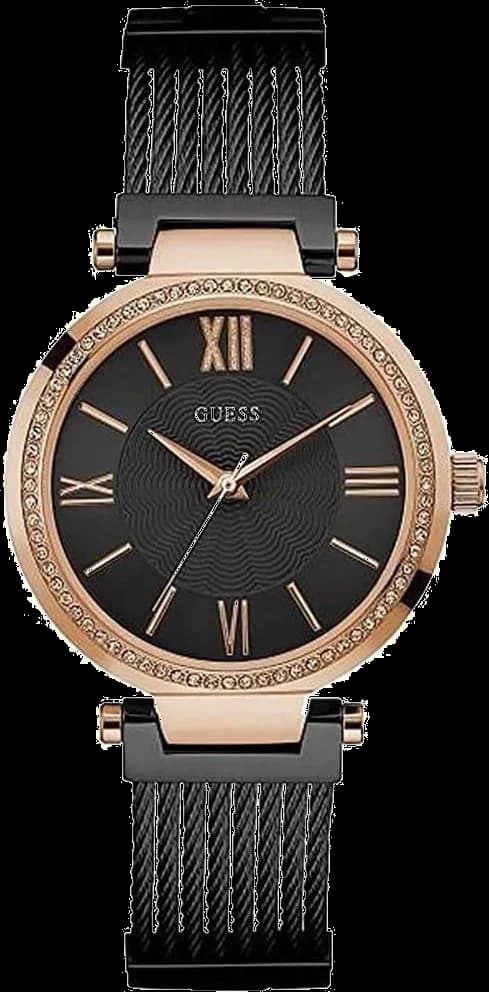 Montre Femme Guess Boîtier en or rose W0638L5 Cadran noir Bracelet en maille Quartz