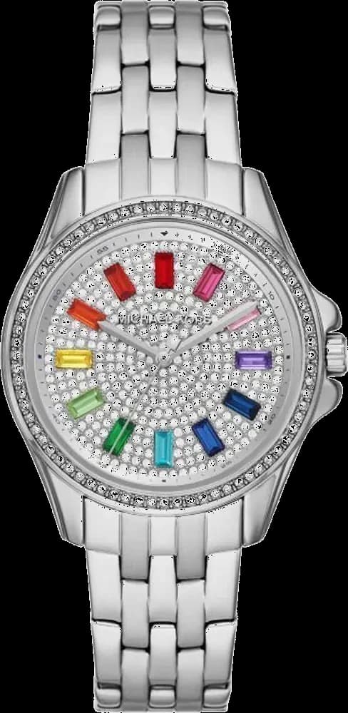 Montre femme Michael Kors Mini Pilot MK7368 Cadran pavé arc-en-ciel et bracelet en acier inoxydable argenté