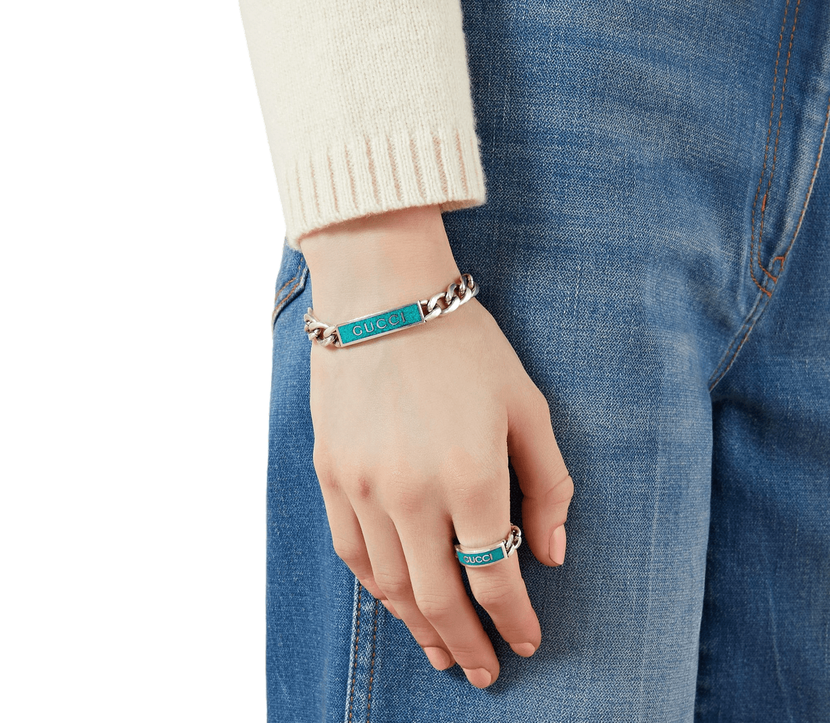 Bracelet Gucci en argent 925 avec plaque finition émail turquoise vue 3