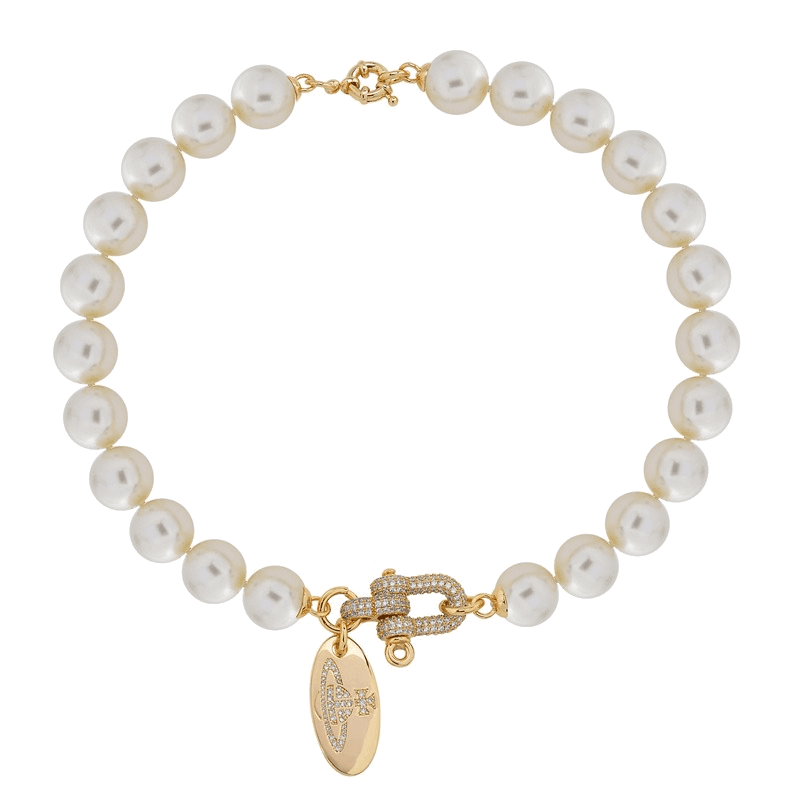 Choker Vivienne Westwood bas relief a grosses perles blanches fermoir incrusté de cristaux