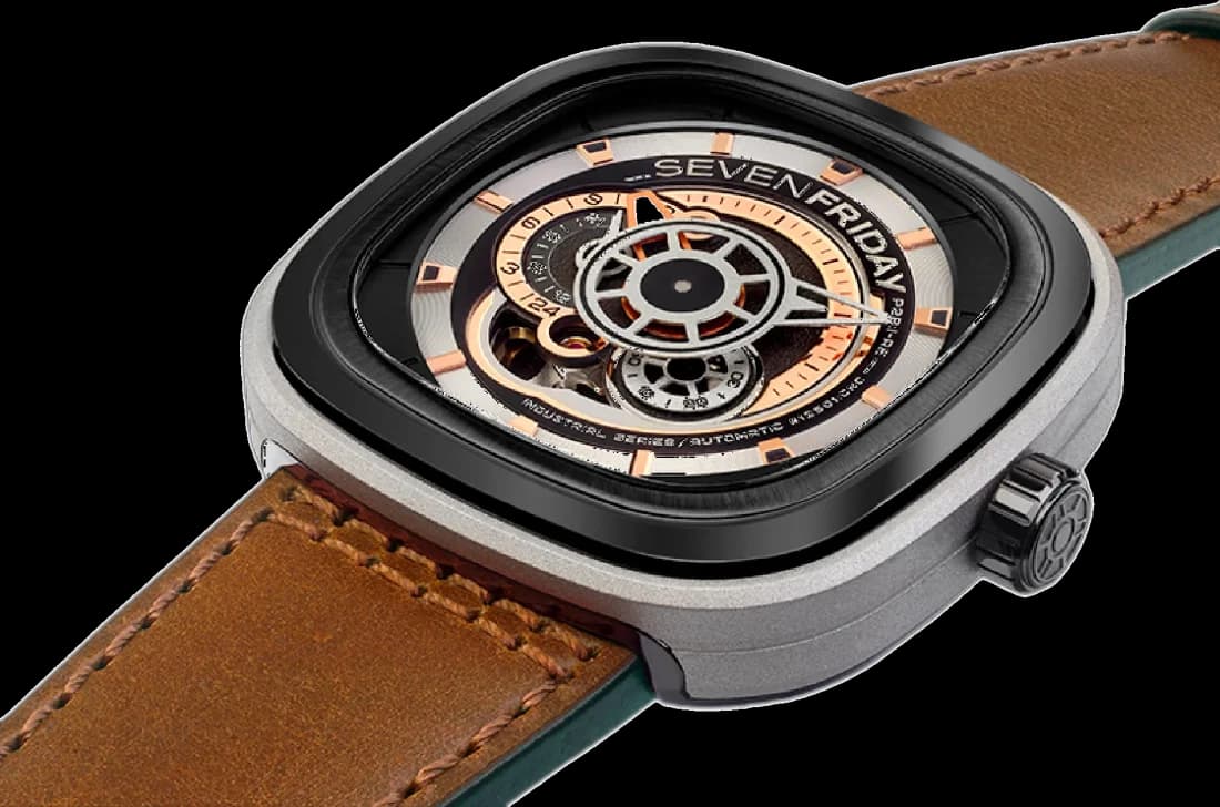Montre Homme SEVENFRIDAY P-Series P2B/01 Automatique, Cadran Multicolore, Boîtier Argent 47mm, Bracelet Cuir Marron vue 3