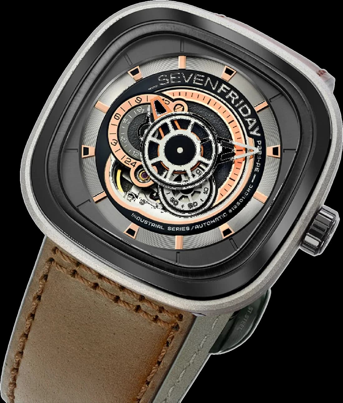 Montre Homme SEVENFRIDAY P-Series P2B/01 Automatique, Cadran Multicolore, Boîtier Argent 47mm, Bracelet Cuir Marron vue 4