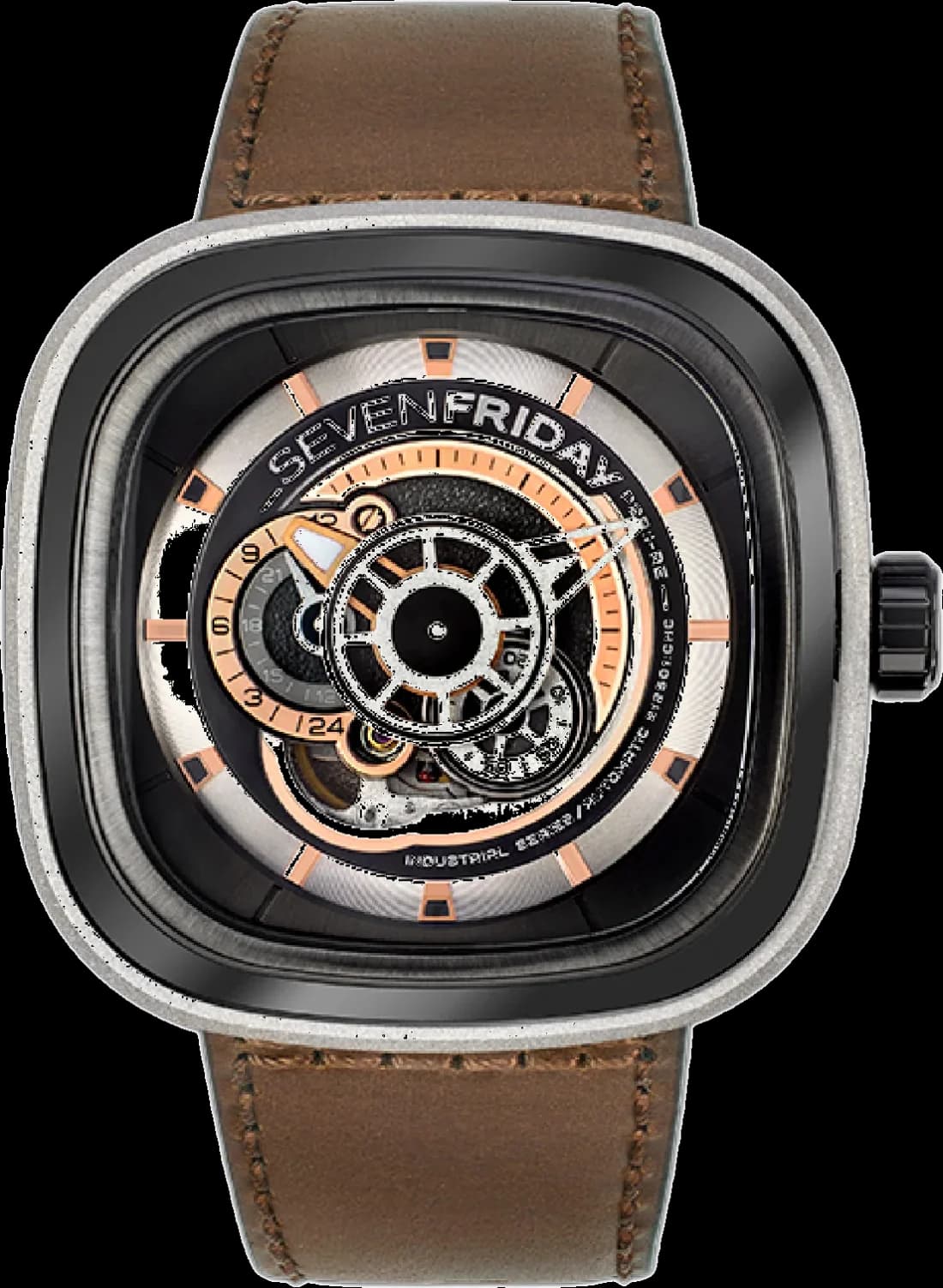 Montre Homme SEVENFRIDAY P-Series P2B/01 Automatique, Cadran Multicolore, Boîtier Argent 47mm, Bracelet Cuir Marron