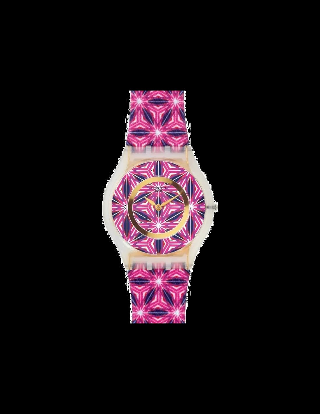 Montre Swatch For the Love of Pattern SFW108 pour Femme, Cadran Multicolore et Bracelet Violet