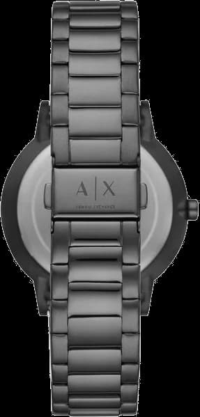 Visage cadran Armani Exchange AX2188 dévoile index bâtons argentés, aiguilles dauphine et guichet date à 3h sur disque transparent