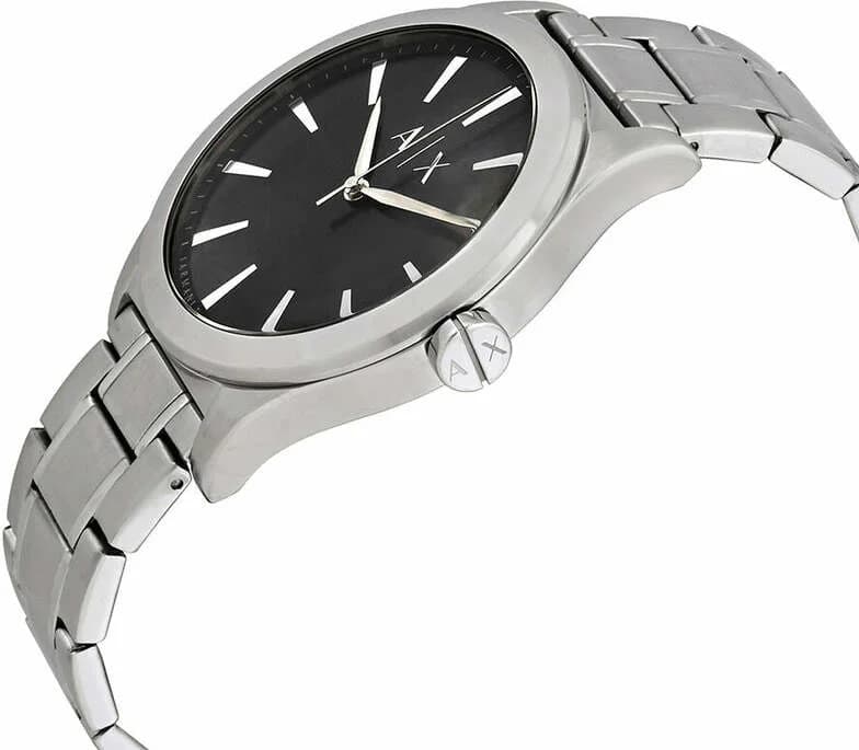 Visage cadran Armani Exchange AX2320 noir soleillé, index appliques polis, aiguilles bâtons argentées, date à 3h, mouvement quartz précis