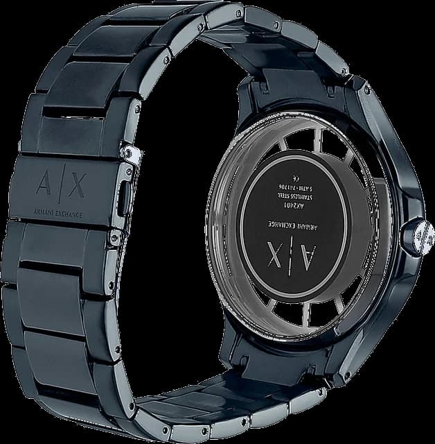Visage cadran Armani Exchange AX2401 aux index bâtons et aiguilles facettées, mouvement automatique visible pour une esthétique technique