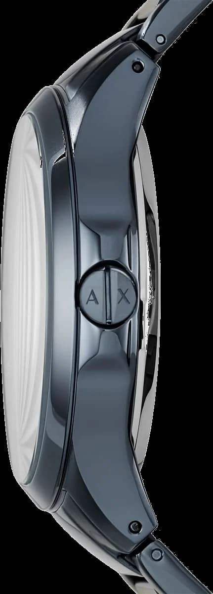Attache bracelet Armani Exchange AX2401 en acier brossé maillé, fermoir déployant double sécurité, finition bleue assortie au boîtier