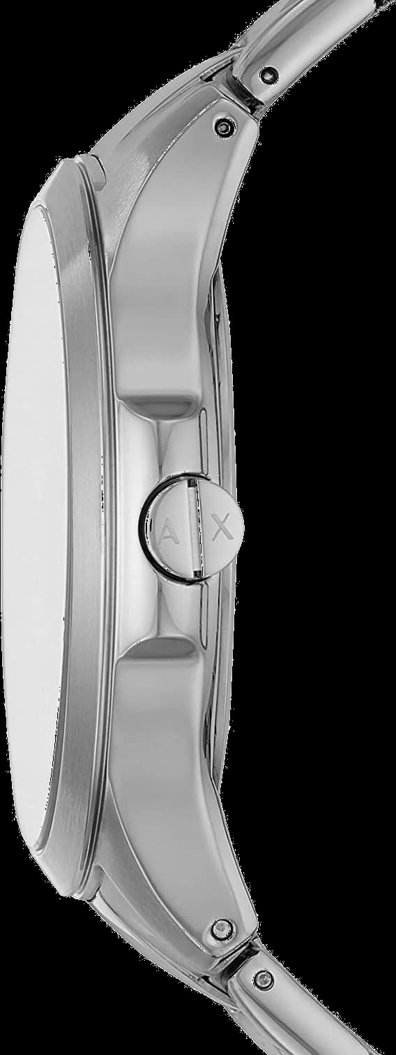 Visage cadran Armani Exchange AX2403 avec index appliqués aiguilles bâton et guichet date à 3 heures sur fond saphir