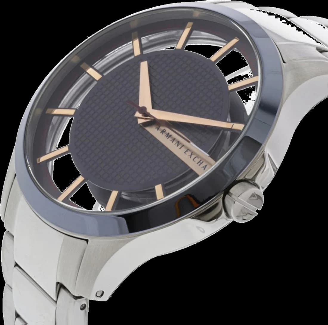 Visage cadran Armani Exchange AX2405 avec index bâtons argentés et aiguilles dauphine, guichet date à 3h