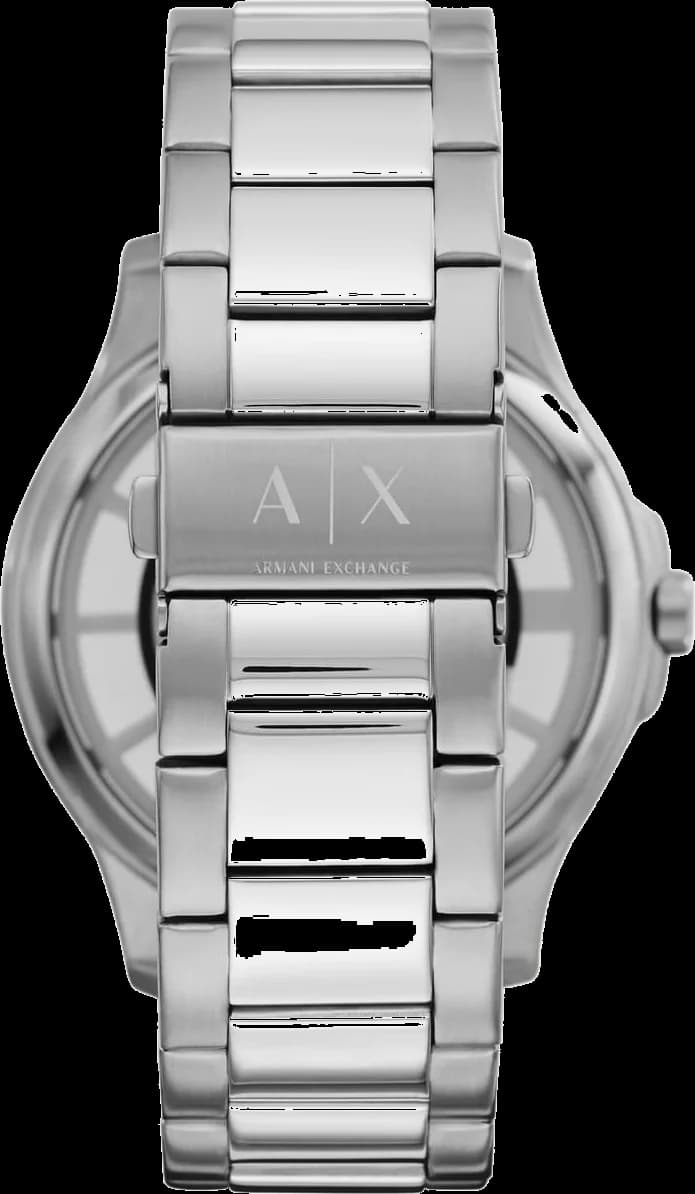 Lunette boîtier Armani Exchange AX2405 ronde en acier brossé, lunette lisse polie, verre saphir bombé, poussoir de couronne