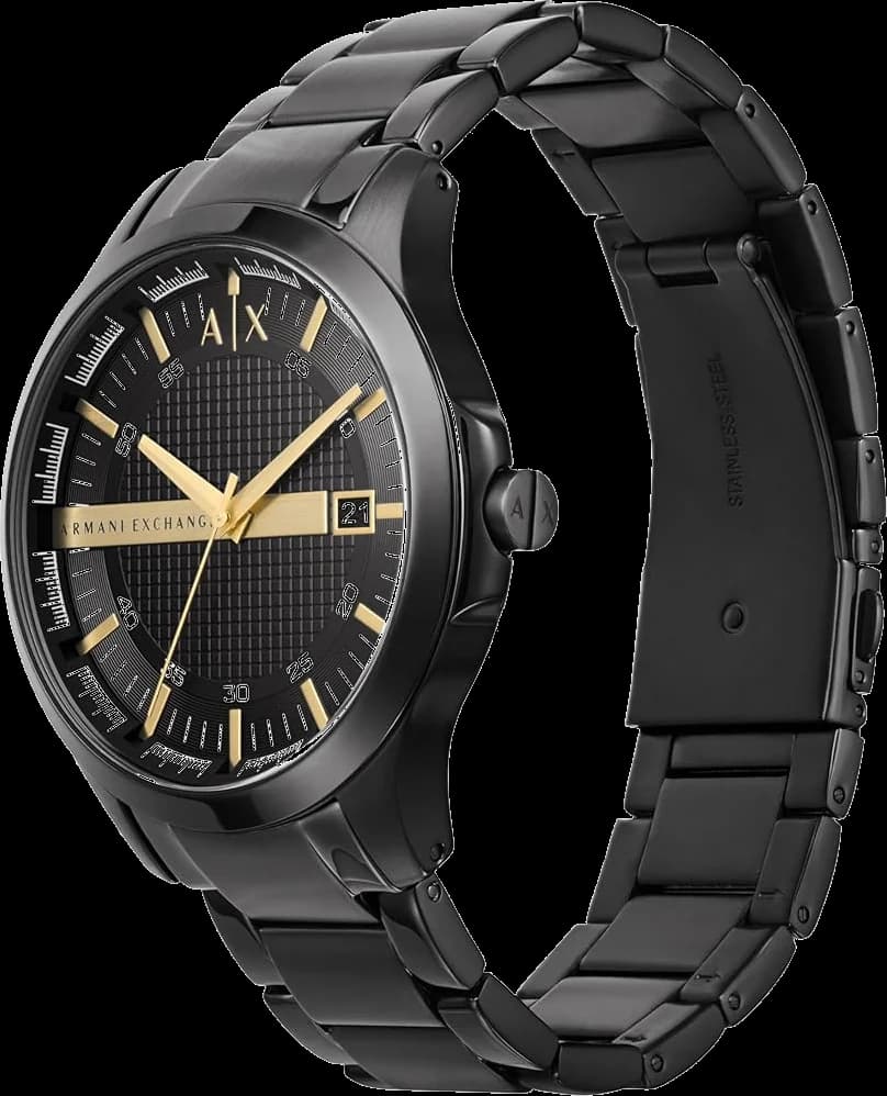 Visage cadran Armani Exchange AX2413 aux aiguilles squelette et date à 3h sur fond noir mat
