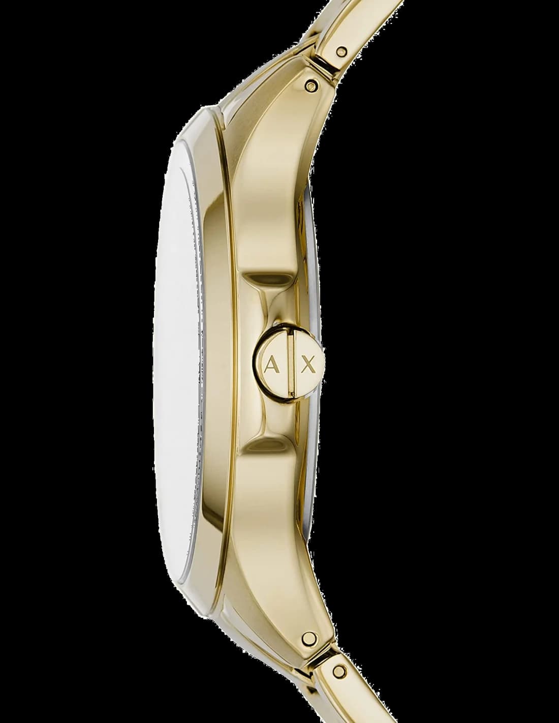 Attache bracelet Armani Exchange AX2415 en acier inoxydable doré jaune, fermoir déployant signé gravé, maillons polis et satinés