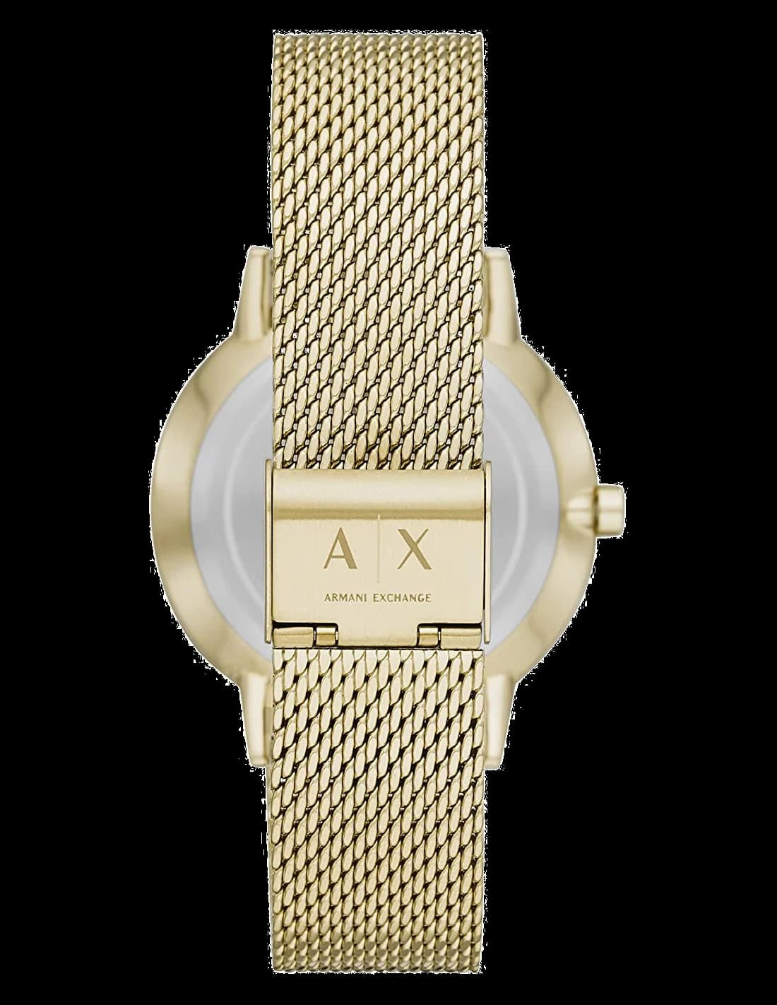 Attache bracelet Armani Exchange AX2715 en maille milanaise dorée avec fermoir déployant gravé du logo Armani Exchange