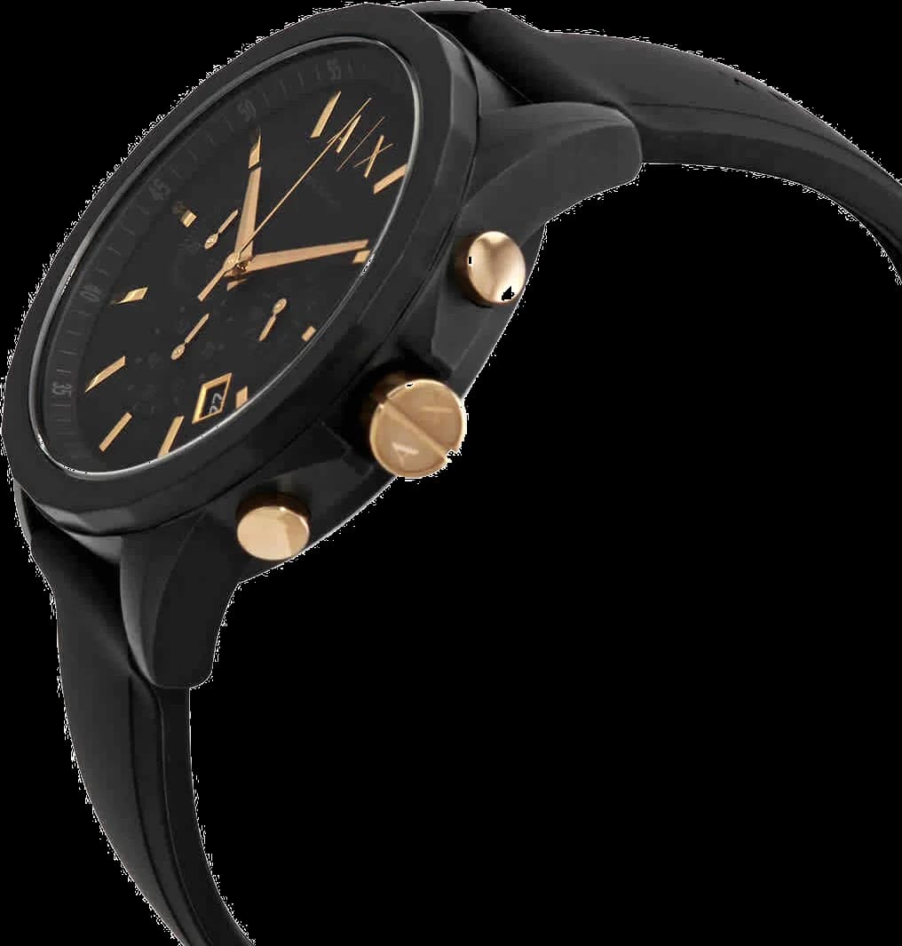Attache bracelet Armani Exchange AX7105 en silicone noir texturé, fermoir boucle ardillon gravé logo, confort et solidité