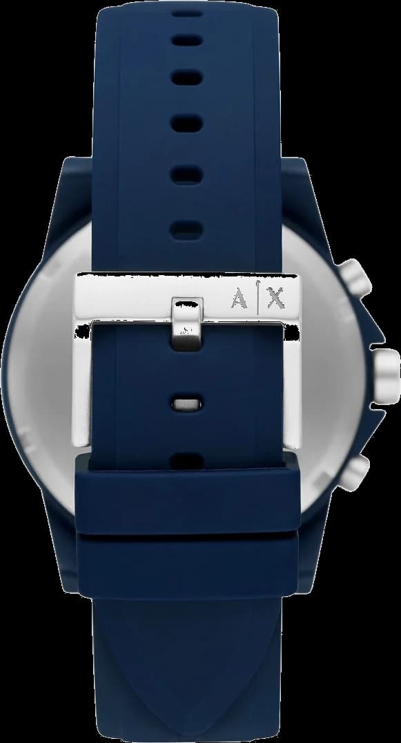 Visage cadran Armani Exchange AX7128 avec index bâtons appliqués, aiguilles dauphines et guichet date à 3h