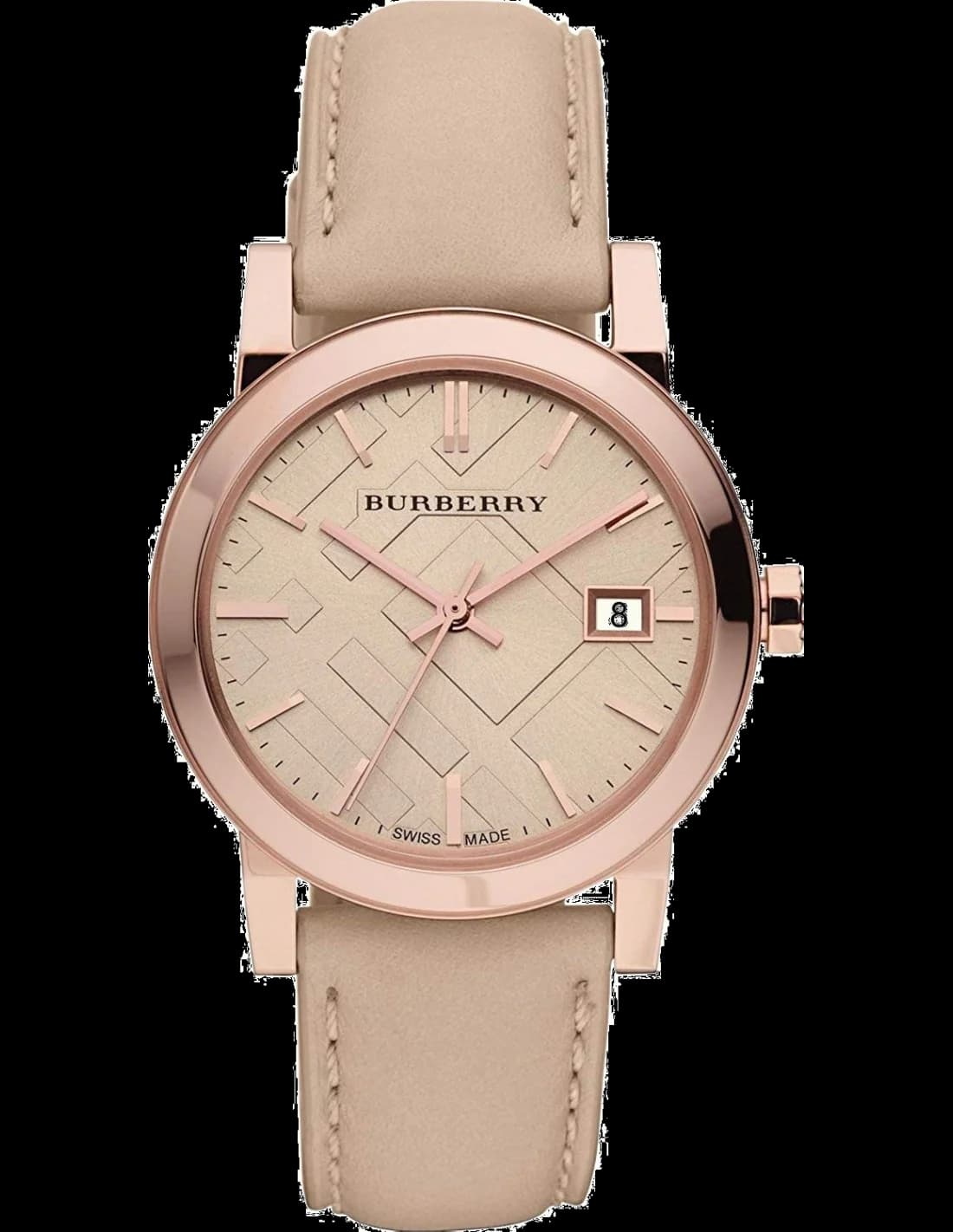 Garde-temps Burberry BU9014 avec cadran noir soleillé, index bâtons appliqués et aiguilles polies
