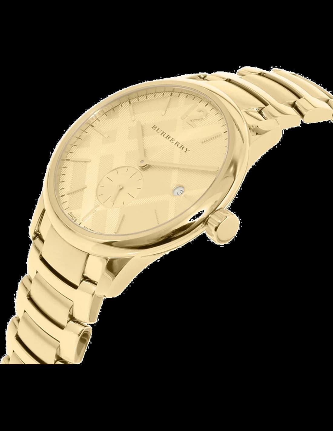 Visage cadran Burberry BU10006 avec index appliqués polis, aiguilles noires, guichet date à 3h, motif carreau Burberry subtil