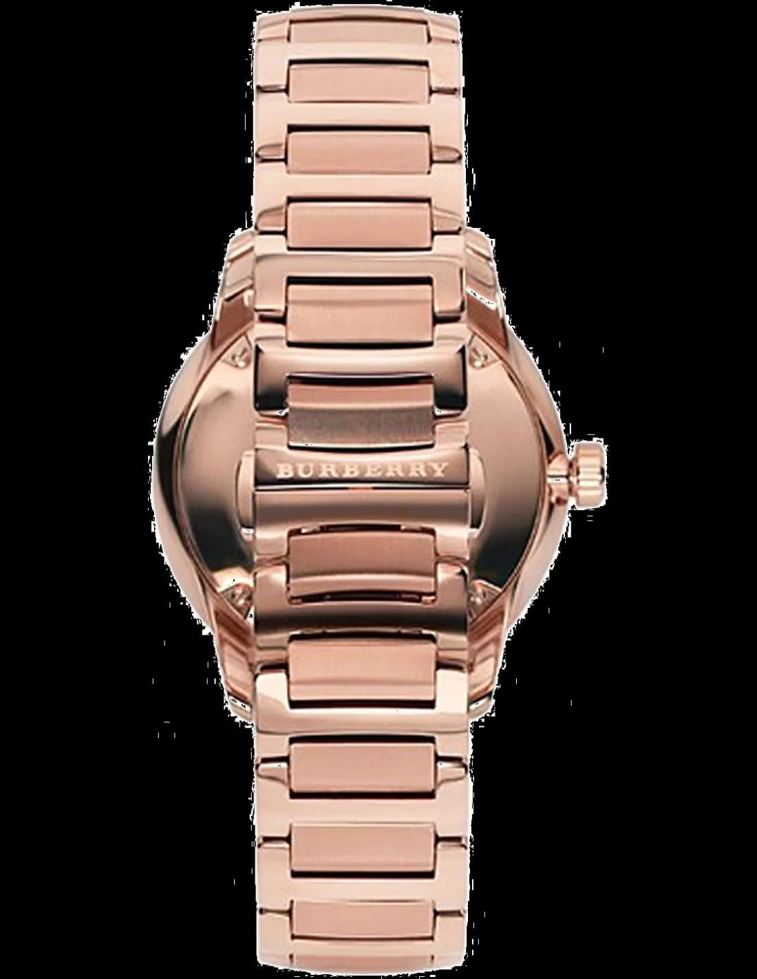 Visage cadran Burberry BU10013 index appliques or rose date 3h aiguilles épées luminescentes