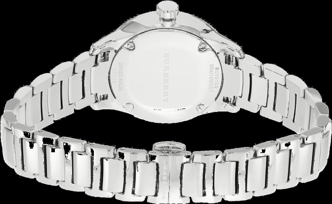 Visage cadran Burberry BU10108 avec index appliques en acier, aiguilles dauphine et guichet date à 3h