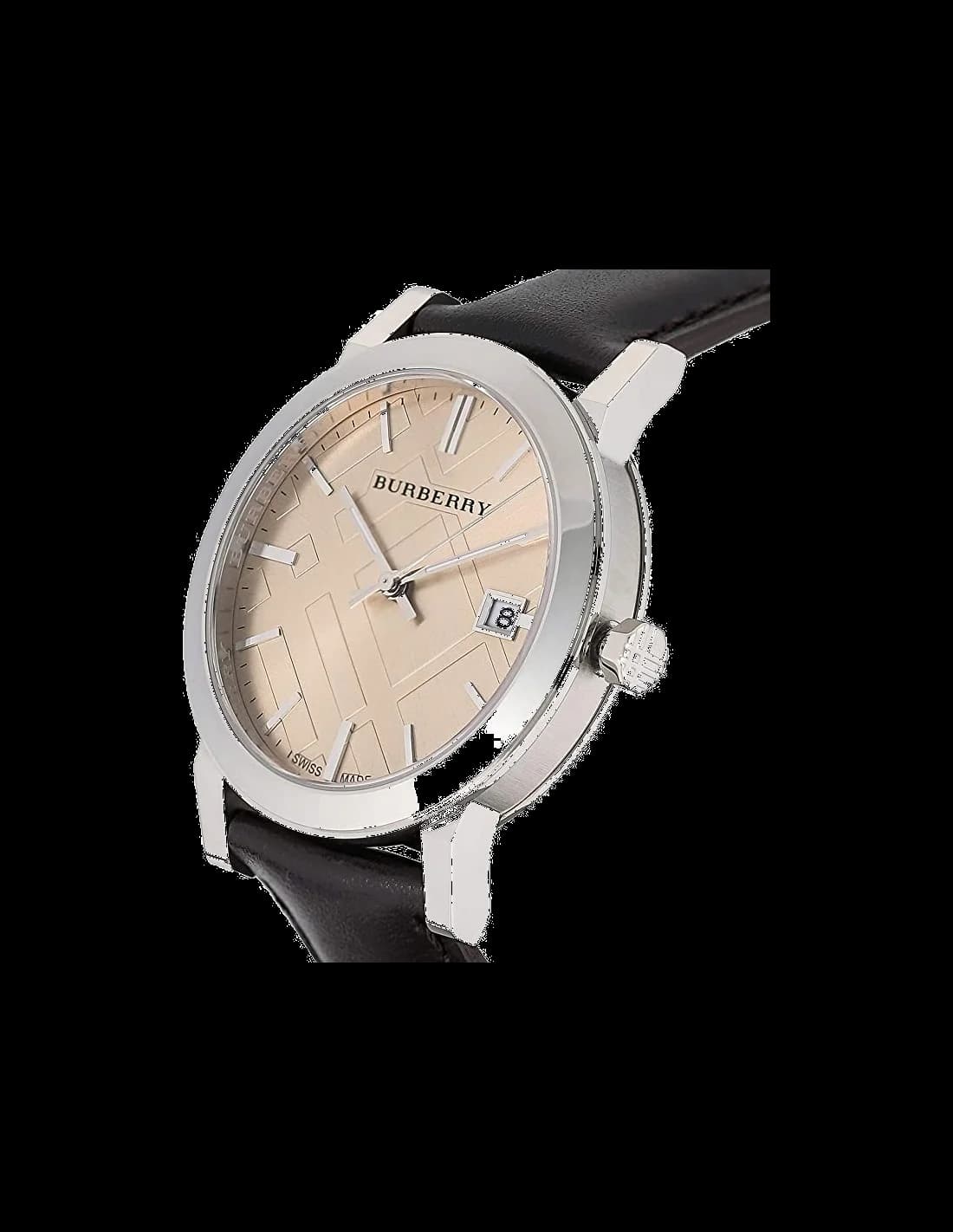 Visage cadran Burberry BU9011 affichant index appliqués, aiguilles dauphine et date à 3h