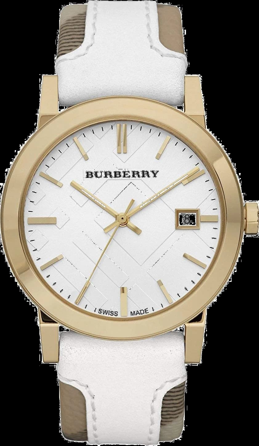 Montre Femme Burberry BU9015 Heritage Nova - Cadran Blanc, Bracelet Cuir Haymarket Blanc, Boîtier Or