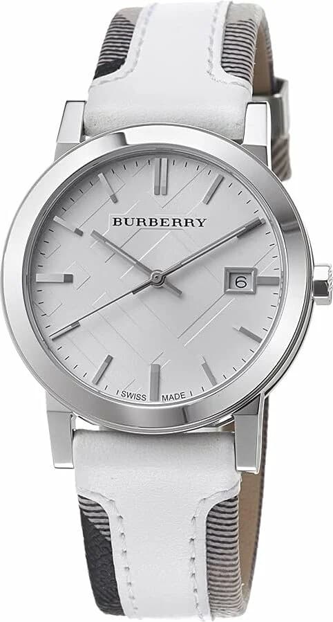 Montre Burberry BU9019 Homme - Cadran Argenté, Bracelet Cuir Blanc