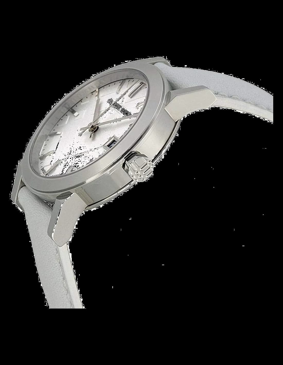 Attache bracelet Burberry BU9019 en cuir blanc cousu, boucle ardillon en acier, confort et élégance au poignet