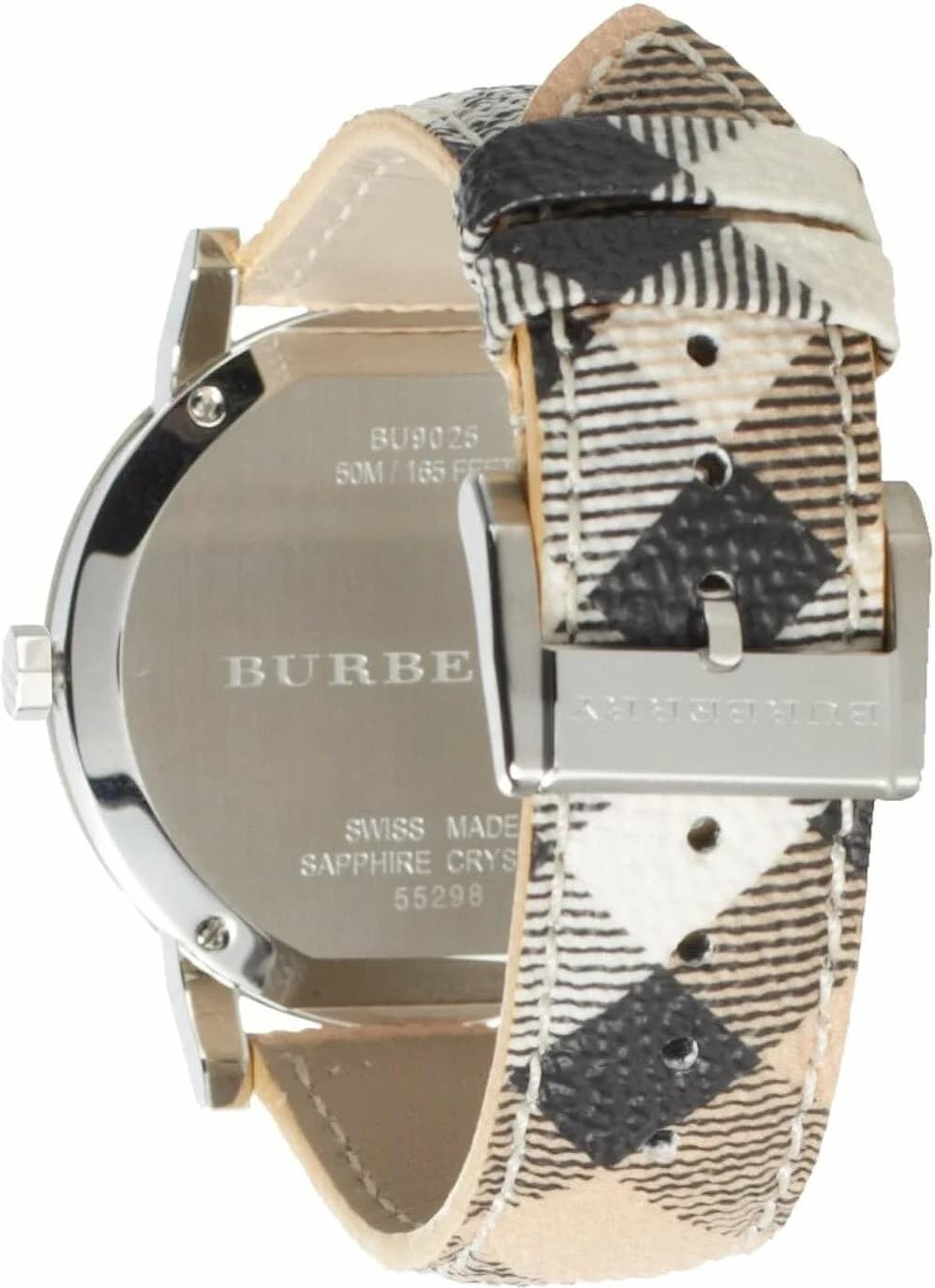 Visage cadran Burberry BU9025 affiche index bâtons polis et aiguilles dauphine, sans complications, lisibilité épurée
