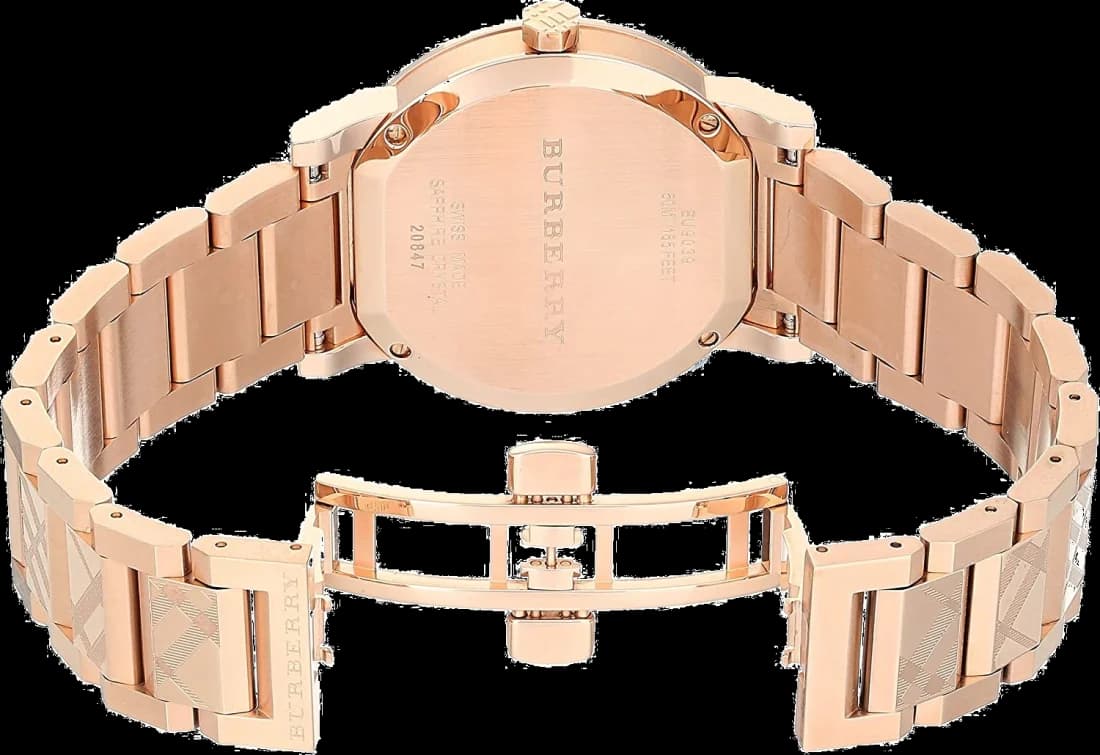 Visage cadran Burberry BU9039 avec cadran blanc, index bâtons argentés, aiguilles dauphine polies, date à 3h, finition satinée