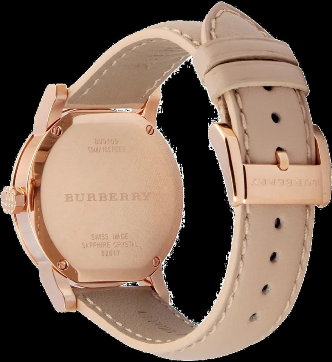 Lunette boîtier Burberry BU9109 ronde en acier 316L, lunette lisse polie, verre saphir, couronne signée, étanche 50m
