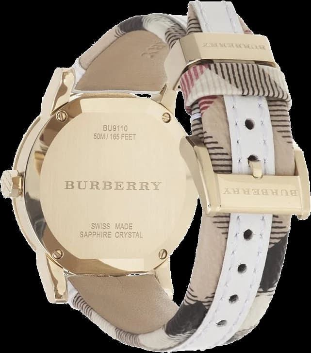 Visage cadran Burberry BU9110 avec index appliqués et aiguilles dauphine, date à 3h et motif check