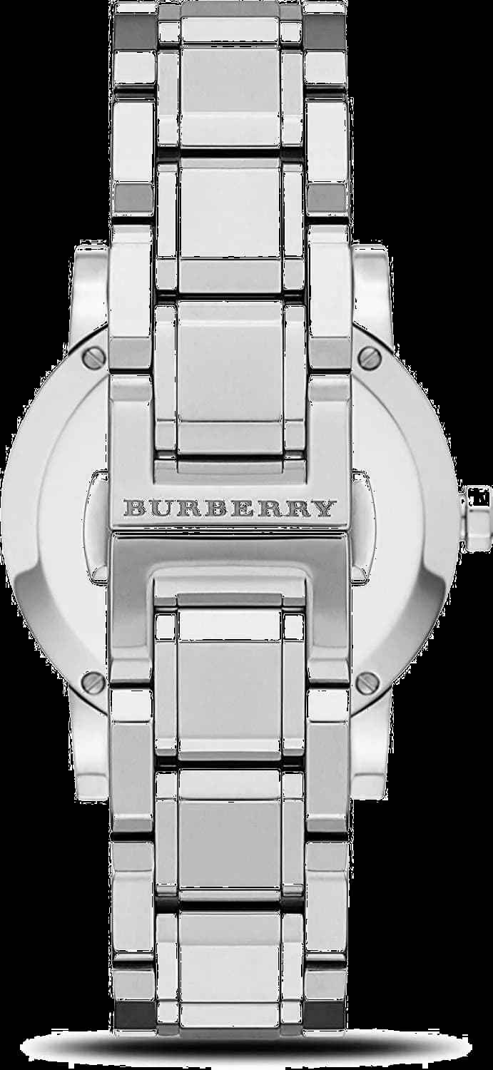 Attache bracelet Burberry BU9125 en acier inoxydable poli avec fermoir déployant triple boucle, finition satinée