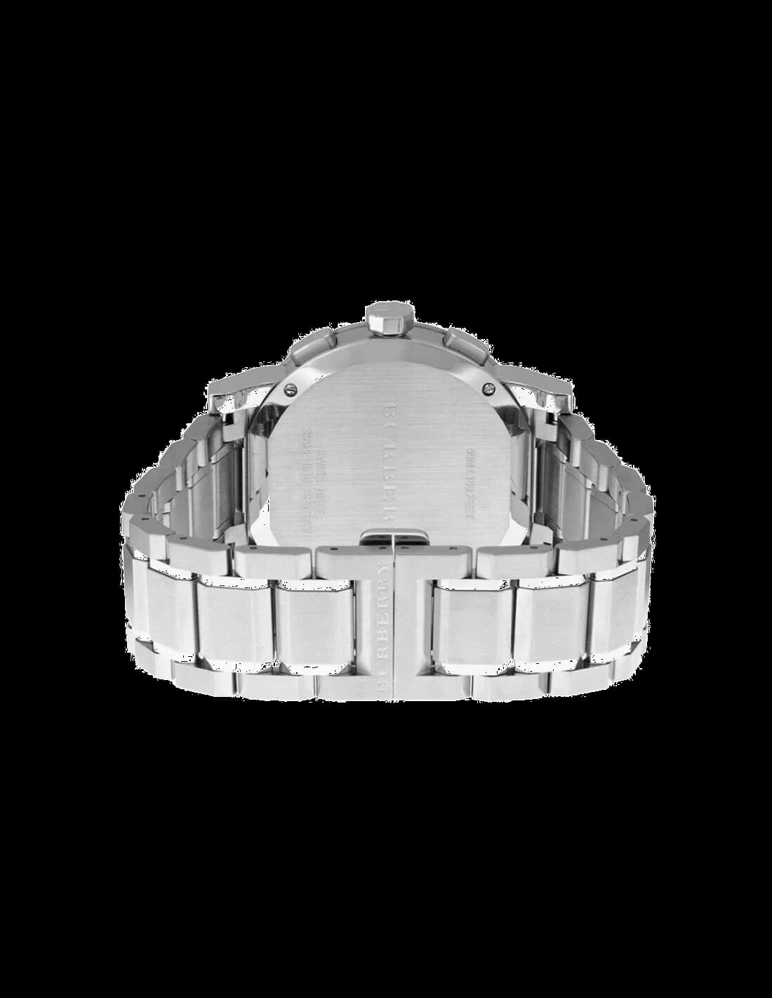 Attache bracelet Burberry BU9351 en acier inoxydable à trois maillons, fermoir déployant double sécurité gravé du logo Burberry