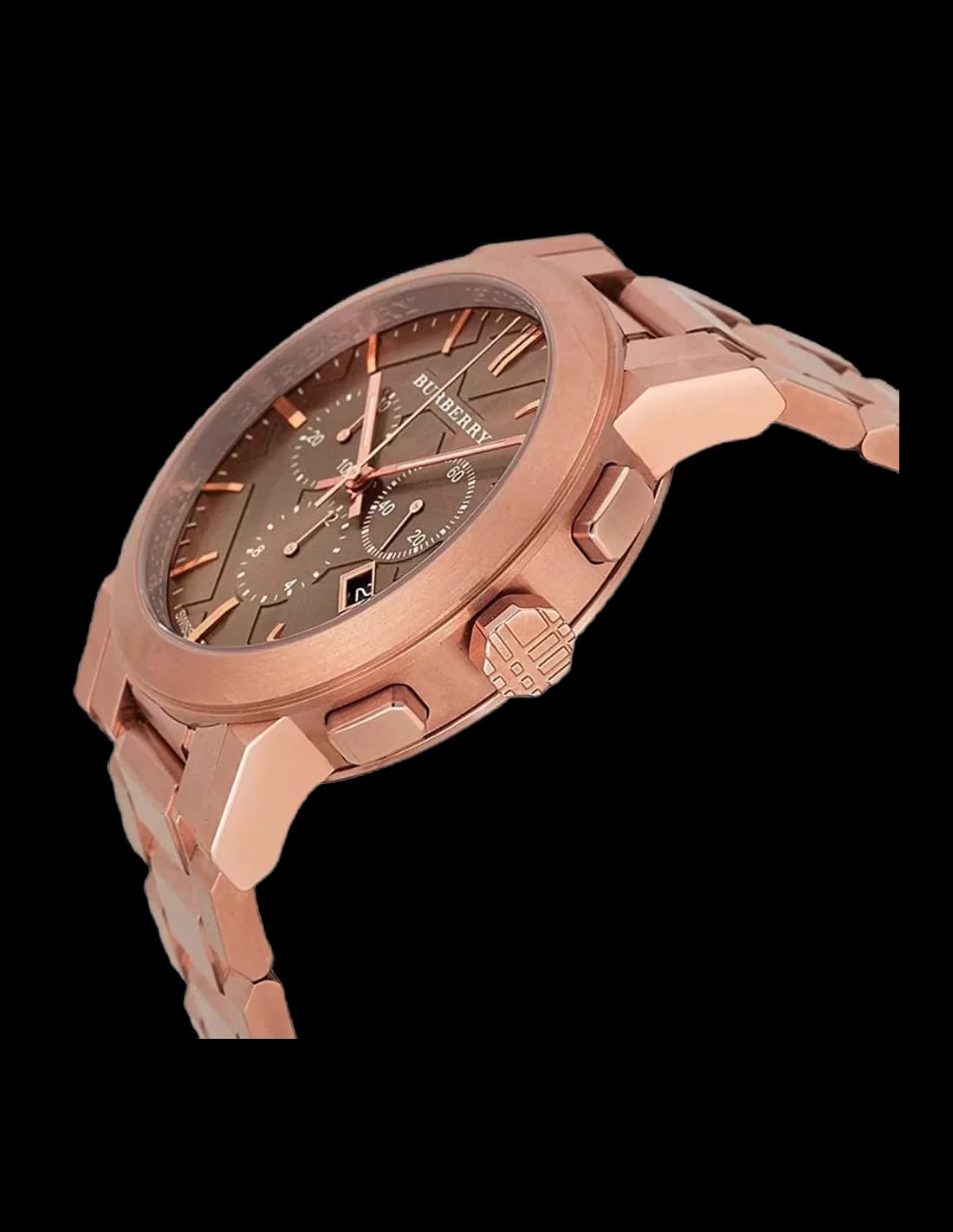 Visage cadran Burberry BU9353 marron aux index appliques en or rose, aiguilles bâton, guichet date à 4h30, mouvement quartz précis