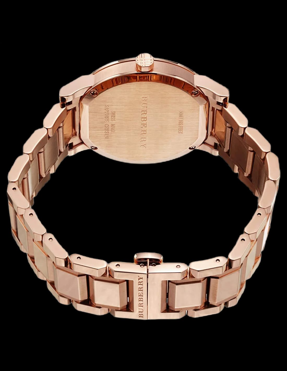 Attache bracelet Burberry BU9353 en acier et or rose avec fermoir déployant, finition brossée polie, ajustable cinq trous